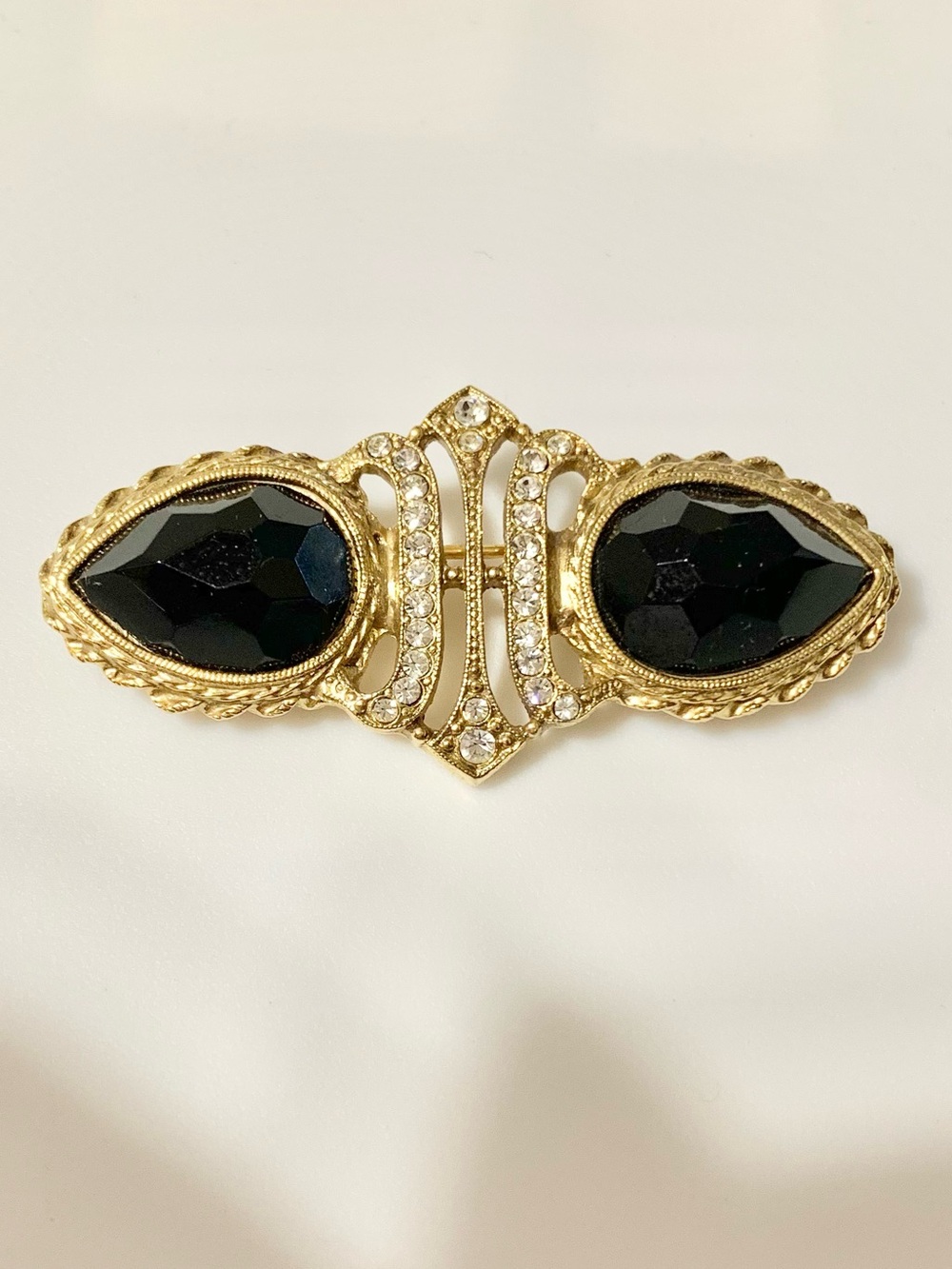 Vintage Art Deco Brooch Black Gold Tone & Rhinestone